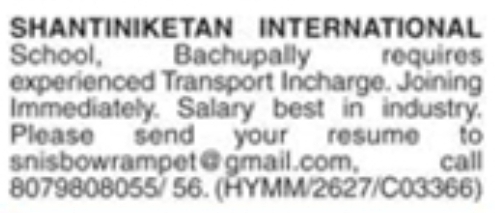 Job Vacancy: Experienced Transport Incharge