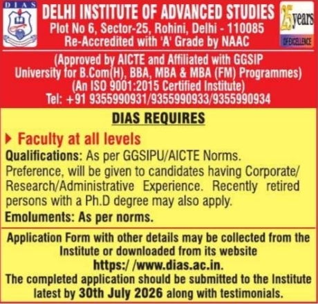 Job Vacancy: Faculty at Delhi Institute of Advanced Studies