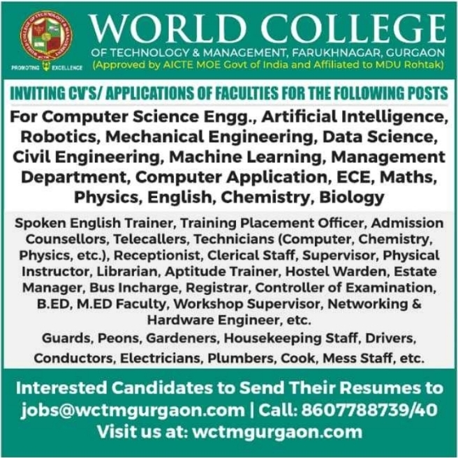 Job Vacancy: Faculty, Staff, and Support Roles Recruitment at World College Gurgaon