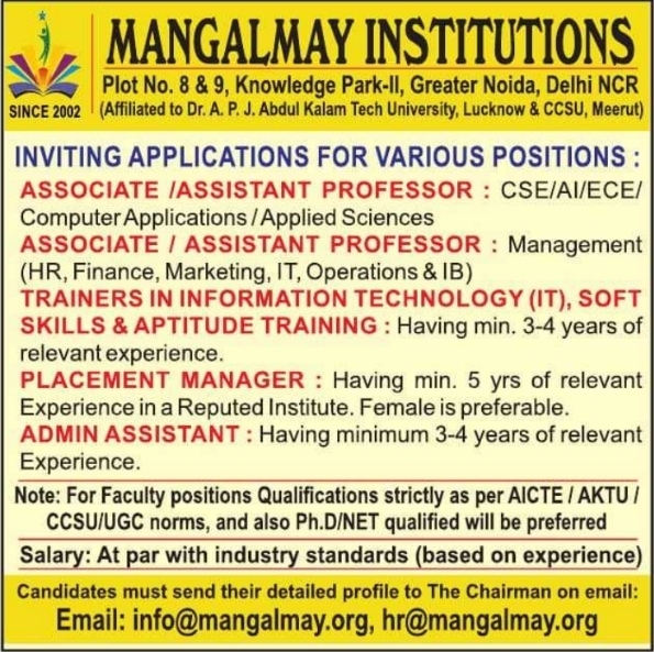 Job Vacancy: Faculty, Trainers, and Administrative Recruitment at Mangalmay Institutions