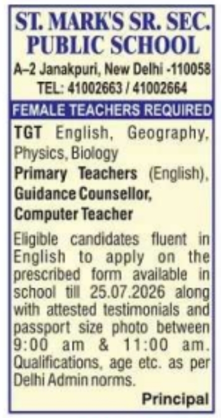 Job Vacancy: Female Teachers at St. Mark's Sr. Sec. Public School