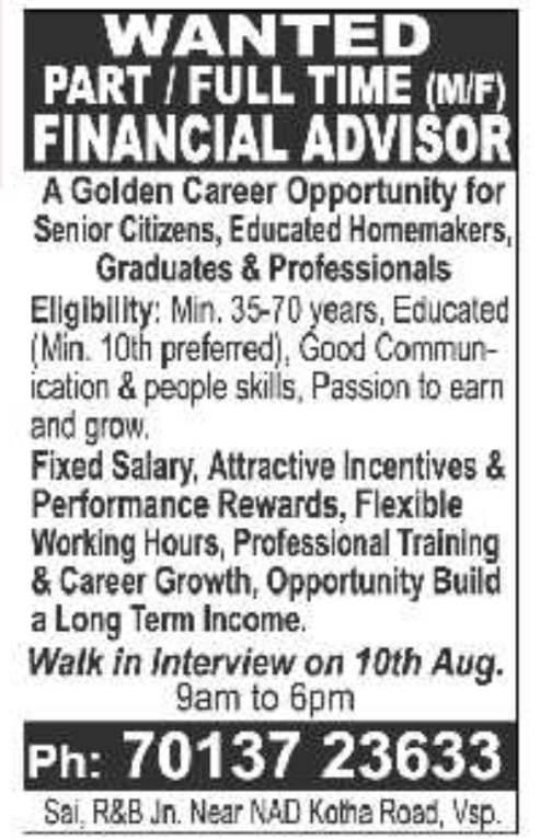 Job Vacancy: Financial Advisor (Part / Full Time)
