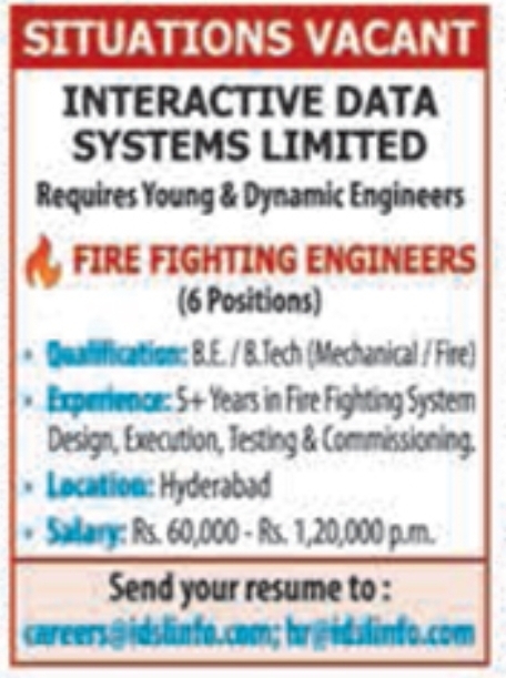 Job Vacancy: Fire Fighting Engineers at Interactive Data Systems