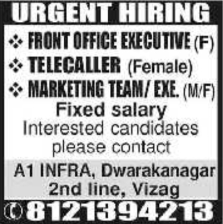 Job Vacancy: Front Office & Marketing Staff at A1 Infra
