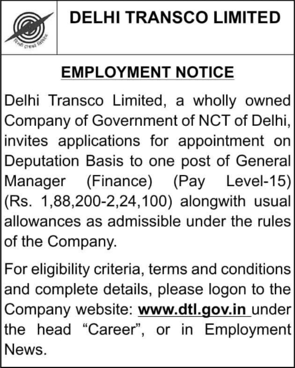 Job Vacancy: General Manager (Finance) at Delhi Transco Limited