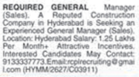 Job Vacancy: General Manager Sales in Hyderabad Construction