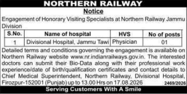 Job Vacancy: Honorary Visiting Specialist Engagement at Northern Railway