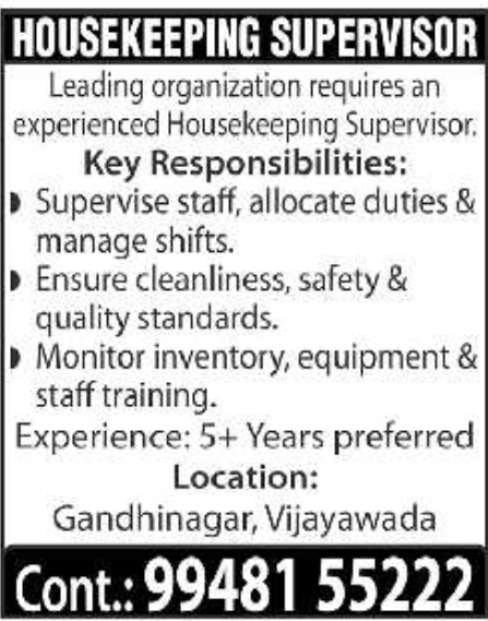 Job Vacancy: Housekeeping Supervisor