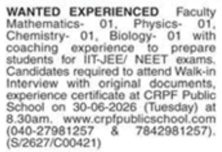 Job Vacancy: IIT-JEE/NEET Faculty Recruitment at CRPF Public School