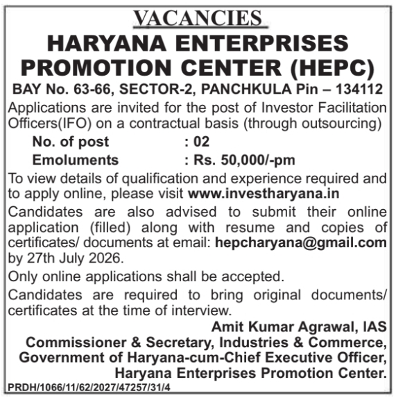 Job Vacancy: Investor Facilitation Officers at Haryana Enterprises Promotion Center