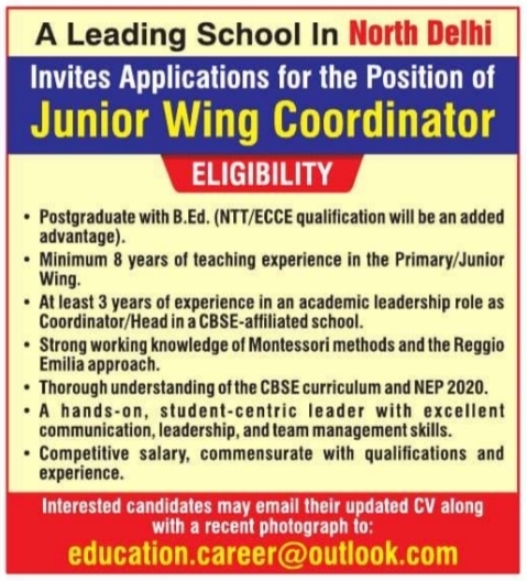 Job Vacancy: Junior Wing Coordinator at a Leading School in North Delhi