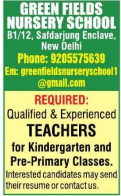 Job Vacancy: Kindergarten and Pre-Primary Teachers at Green Fields Nursery School