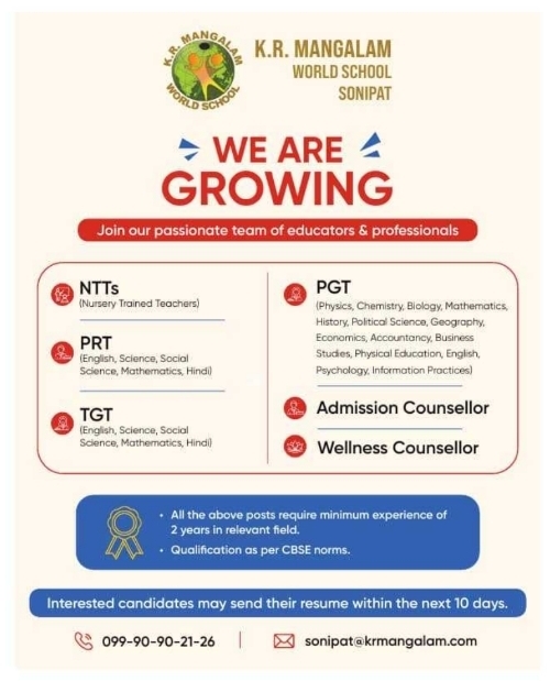 Job Vacancy: K.R. Mangalam K-12 Educators & Counselors