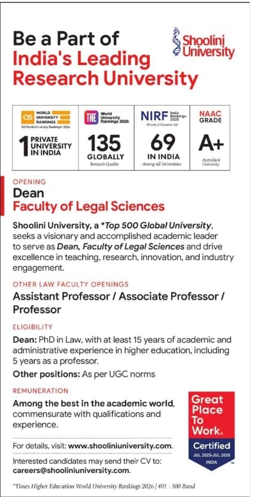 Job Vacancy: Law Faculty and Dean Recruitment at Shoolini University