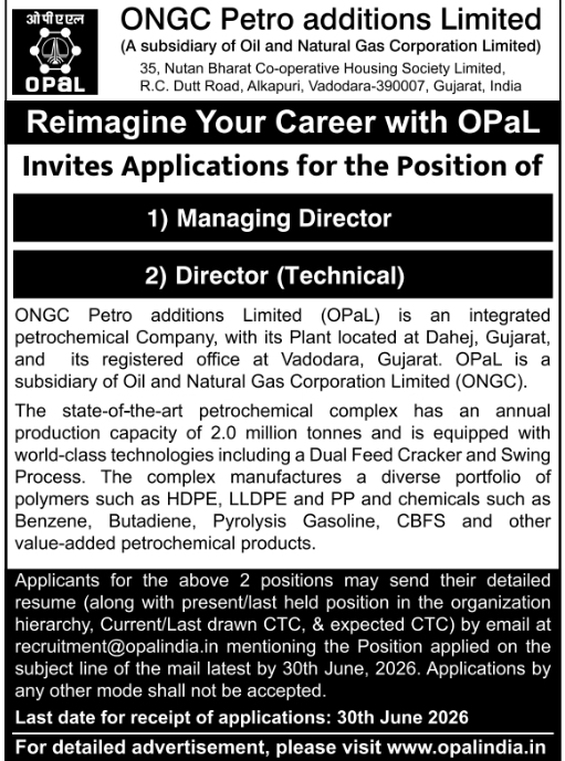 Job Vacancy: Managing Director and Director Technical at OPaL Gujarat