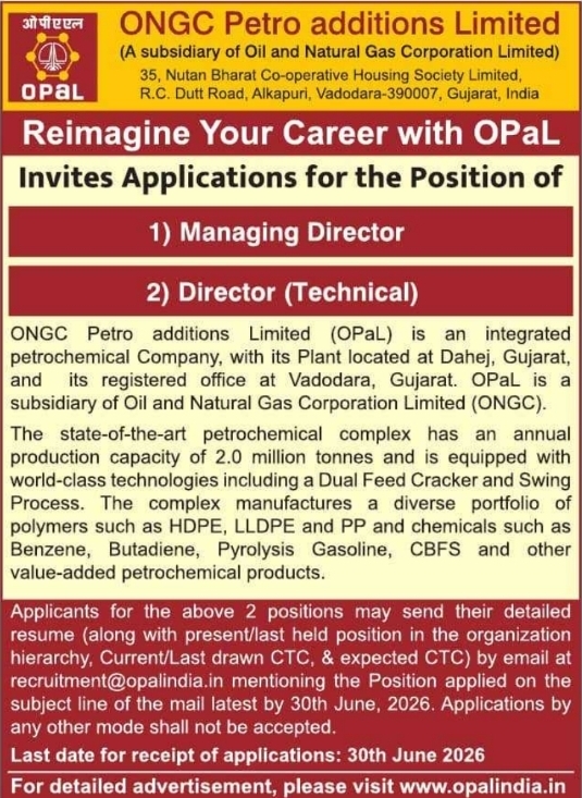 Job Vacancy: Managing Director and Director (Technical) Recruitment at OPaL