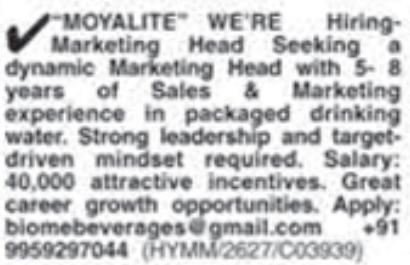 Job Vacancy: Marketing Head at Moyalite