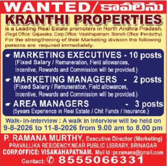 Job Vacancy: Marketing Professionals at Kranthi Properties