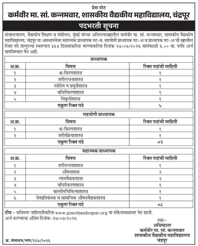 Job Vacancy: Medical Faculty Recruitment at GMC Chandrapur