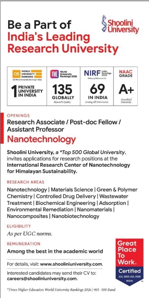 Job Vacancy: Nanotechnology Research and Faculty Positions at Shoolini University