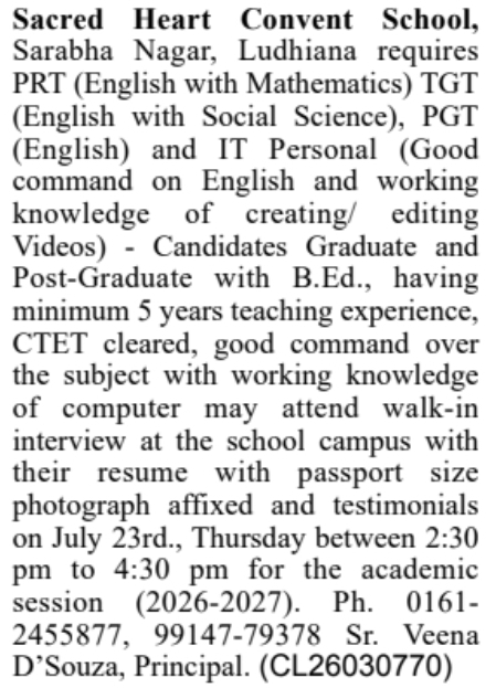 Job Vacancy Notice: Academic & IT Selection at Sacred Heart Convent School, Ludhiana