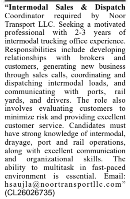 Job Vacancy Notice: Logistics Coordinator Recruitment at Noor Transport LLC