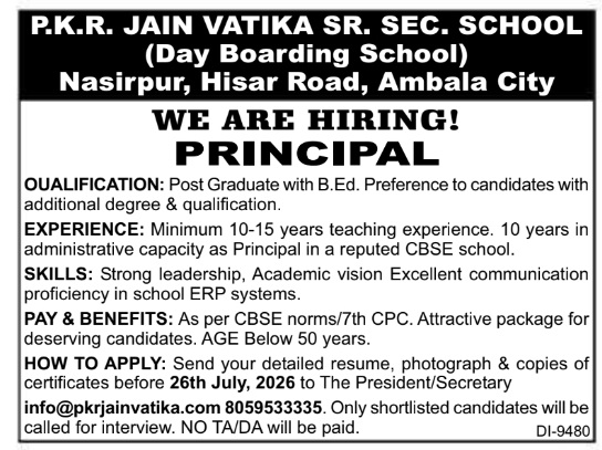 Job Vacancy Notice: Principal Recruitment at P.K.R. Jain Vatika Sr. Sec. School
