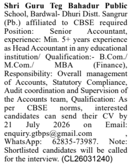 Job Vacancy Notice: Senior Accountant Selection at Shri Guru Teg Bahadur Public School