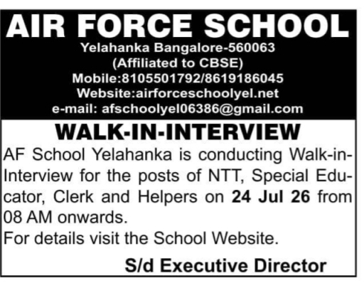 Job Vacancy: NTT, Clerk & Helpers (AF School)