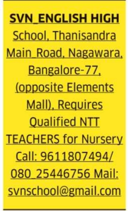 Job Vacancy: Nursery NTT Teachers in Bengaluru
