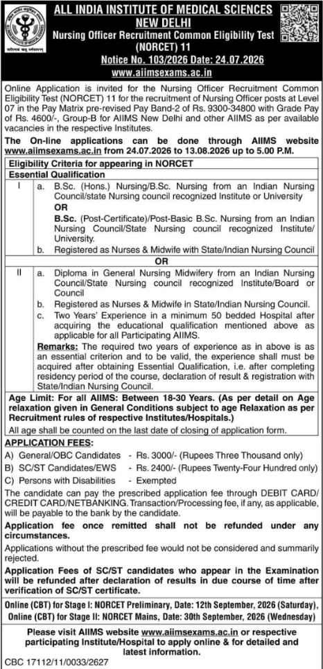 Job Vacancy: Nursing Officer Recruitment Common Eligibility Test