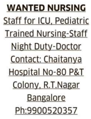Job Vacancy: Nursing Staff and Night Duty Doctor in Bangalore