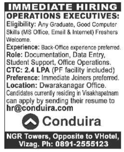 Job Vacancy: Operations Executives at Conduira