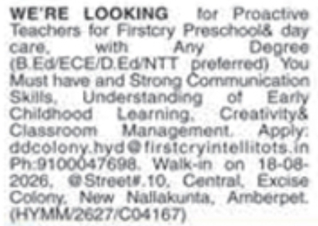 Job Vacancy: Preschool Staff at Firstcry Preschool & Day Care