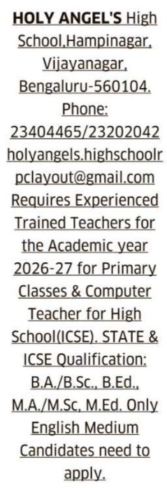 Job Vacancy: Primary and Computer Teachers in Bengaluru