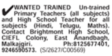 Job Vacancy: Primary and High School Teachers