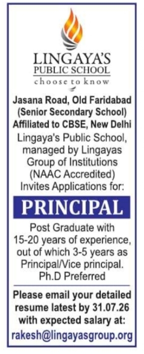 Job Vacancy: Principal at Lingaya's Public School