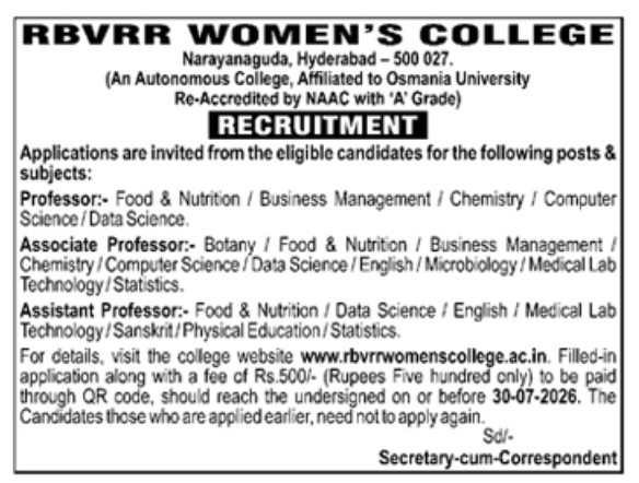 Job Vacancy: Professors at RBVRR Women's College