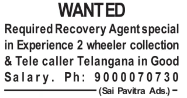 Job Vacancy: Recovery Agents & Telecallers, Telangana