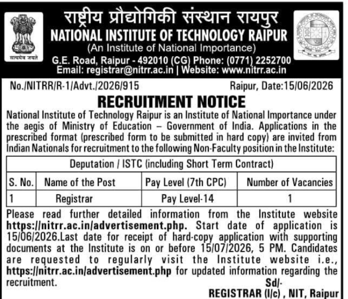 Job Vacancy: Registrar Deputation Recruitment at NIT Raipur