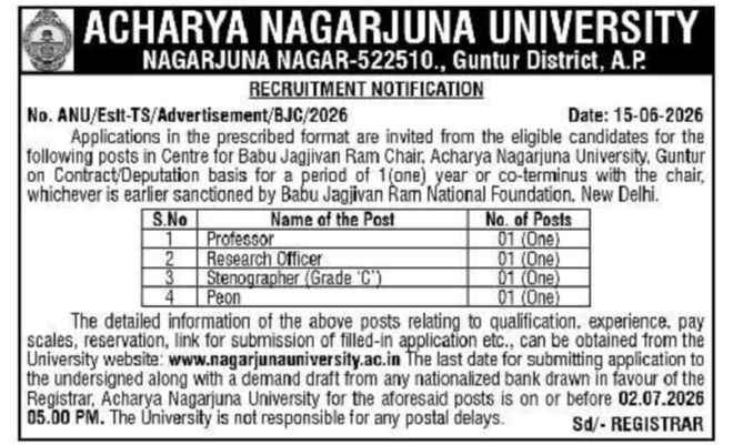 Job Vacancy: Research and Administrative Staff at Acharya Nagarjuna University