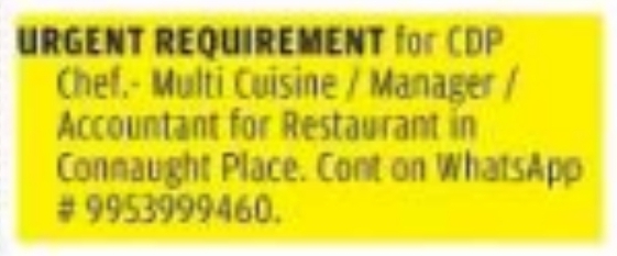 Job Vacancy: Restaurant Chef, Manager & Accountant