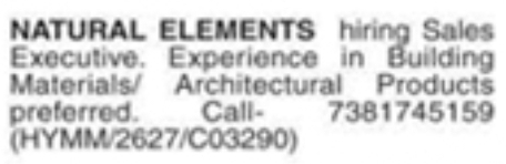 Job Vacancy: Sales Executive at Natural Elements