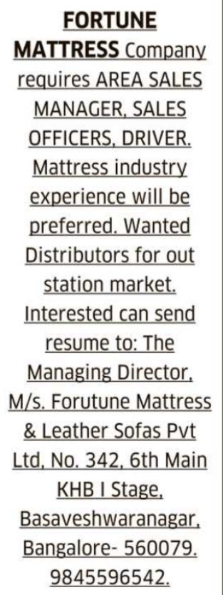 Job Vacancy: Sales Staff and Drivers in Bengaluru
