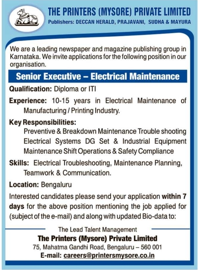 Job Vacancy: Senior Executive Electrical Maintenance in Bengaluru