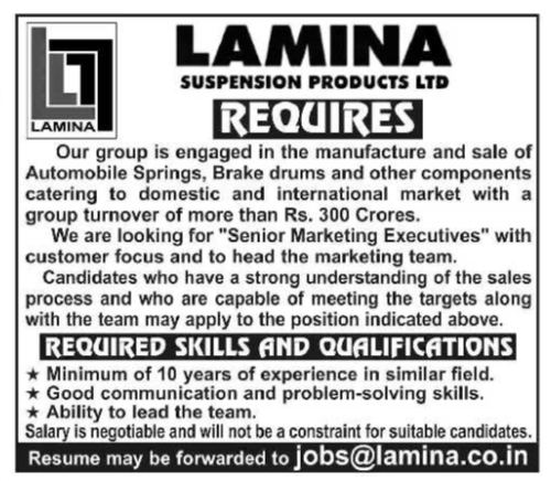 Job Vacancy: Senior Marketing Executives at Lamina Suspension Products Limited