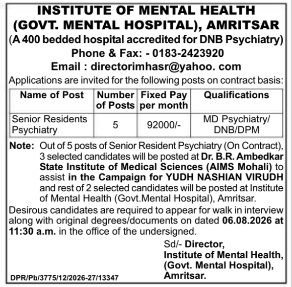 Job Vacancy: Senior Residents Psychiatry at Institute of Mental Health, Amritsar