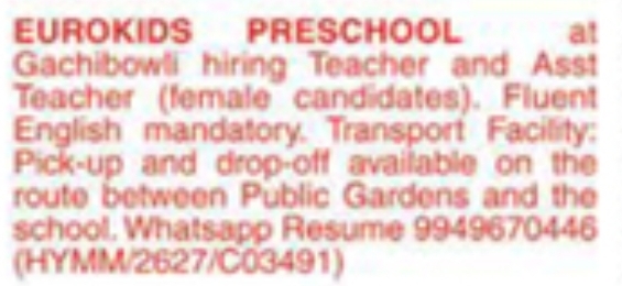 Job Vacancy: Teacher and Assistant Teacher at EuroKids Preschool