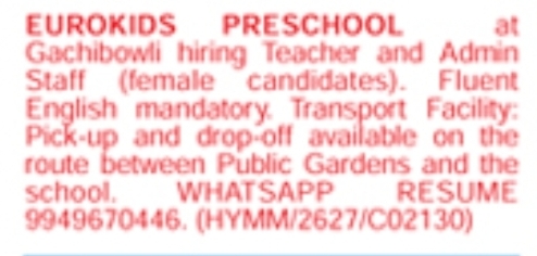 Job Vacancy: Teachers & Admin Staff at EuroKids Gachibowli