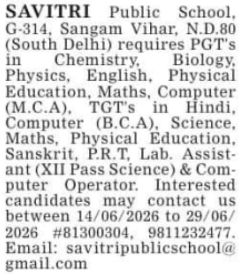 Job Vacancy: Teaching and Staff Recruitment at Savitri Public School